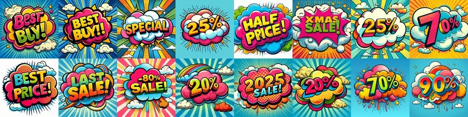 Fototapeta premium Sale stickers pop art style. AI generated illustration