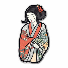 woman in kimono, sticker on white background