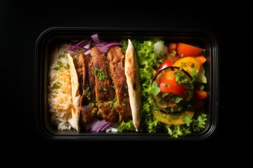 Hearty doner kebab in a bento box against a minimalist or empty room background