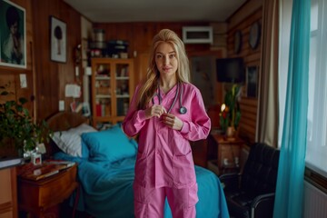 A woman dressed in a pink scrub suit is standing in a bedroom, possibly getting ready for work.