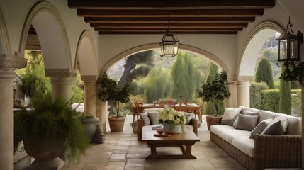 Mediterranean indoor/outdoor loggia with stone arches beamed ceilings and covered alfresco lounge.