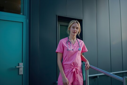 A female nurse in a pink scrub suit stands outside a building, ready for work.