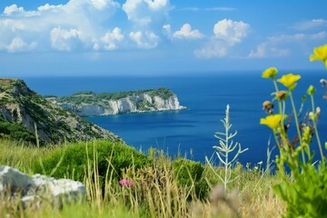 Fototapeta na wymiar A breathtaking view of the ocean from a hill on a Greek island.