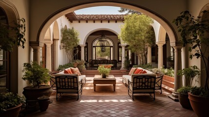 Mediterranean inspired courtyard loggia with terra cotta floors arched openings and stucco columns. - obrazy, fototapety, plakaty