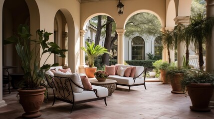 Mediterranean inspired courtyard loggia with terra cotta floors arched openings and stucco columns.