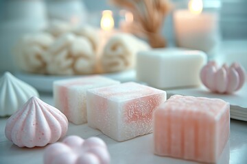 Detailed view of various colored soaps neatly arranged on a table. - obrazy, fototapety, plakaty