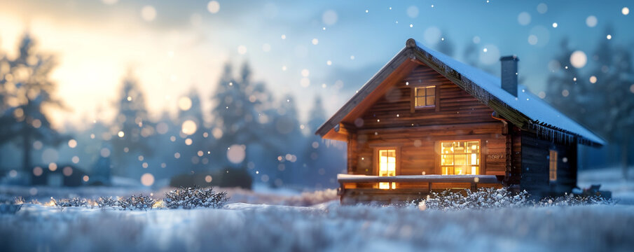 The exterior of a quaint wooden chalet after a snowstorm, lights glowing warmly from within,
