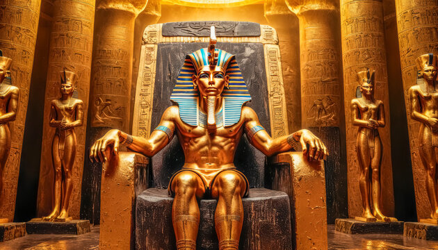 The beautiful Egyptian goddess-pharaoh Tutankhamun sits on a golden throne in the temple of Thebes