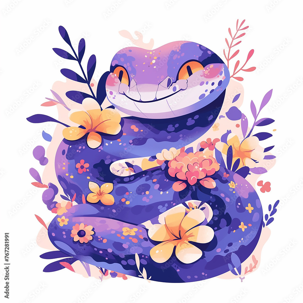 Wall mural A colorful snake with flowers on its body. The snake is smiling and he is happy. The flowers are scattered throughout the snake's body, with some on its head and others on its back