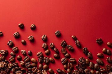 coffee beans seen from above scattered on a red background, leaving room for the presentation of...