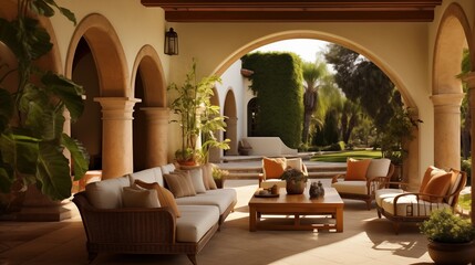 Mediterranean inspired outdoor living room with arched walkways shaded loggias terra cotta tile stucco columns and lush landscaping all around. - obrazy, fototapety, plakaty