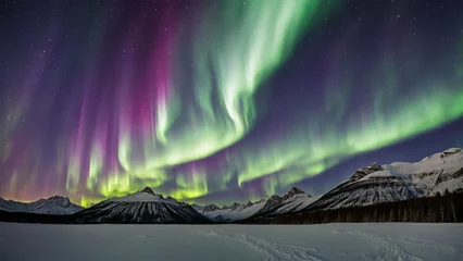 Wandaufkleber Aurora borealis above the snow covered mountain range. Northern lights in winter. Night landscape with polar lights and snowy mountains. Starry sky with aurora over the rocks. Generative Ai content. © Karen