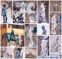 Collage of renaissance statues in Florence at Italy