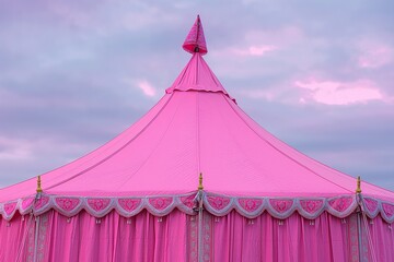 A large pink tent with decorative curtains on top, standing outdoors.