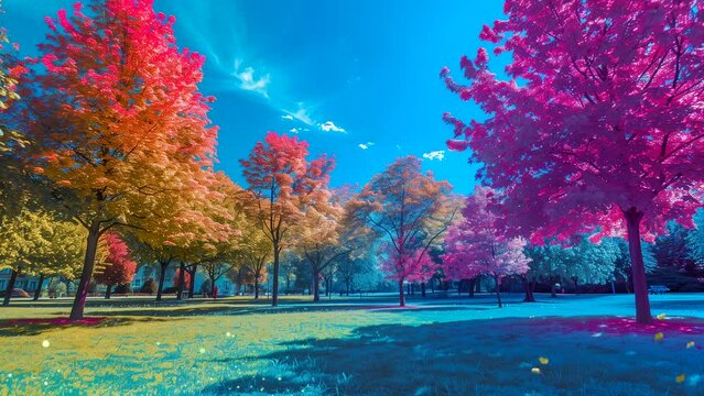 Beautiful colorful trees under a bright blue sky in spring or autumn. seamless looping 4k time-lapse video background