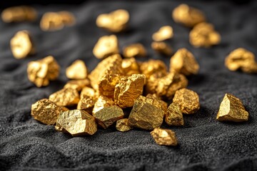 A pile of pure gold nuggets gleaming on a black surface.