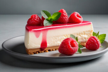 Tasty raspberries cheesecake with cheesecake on a Light grey stone background.