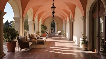 Mediterranean Revival painted barrel-vaulted ceiling loggia with antique terra cotta floors and arched openings. - obrazy, fototapety, plakaty