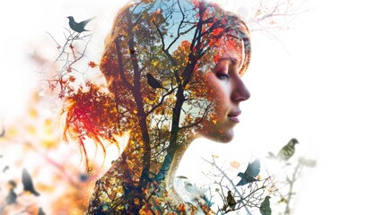 The closeup double exposure picture between young adult beautiful female caucasian human and bright beautiful nature in the morning or evening that the picture stand for peaceful of the life. AIGX01.