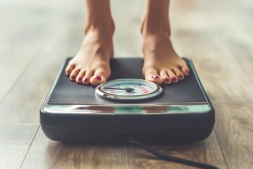 A person is standing on a scale with their feet placed on it to measure their weight.
