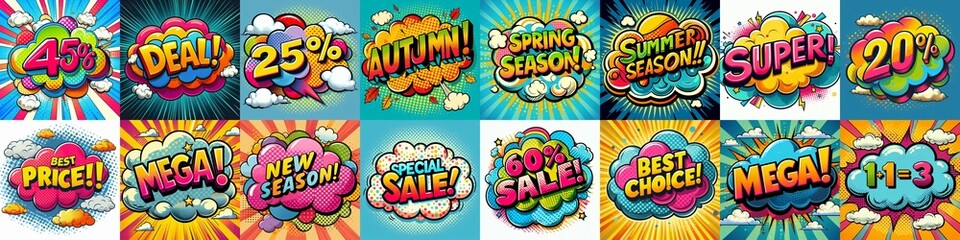 Obraz premium Sale stickers pop art style. AI generated illustration