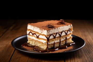 Exquisite tiramisu on a wooden board against a minimalist or empty room background