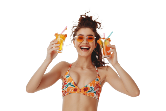 Happy woman with two cocktails, enjoying summer against transparent background - Powered by Adobe