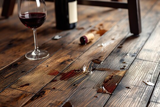Glass of wine next to a boken glass bottle on a wooden floor.