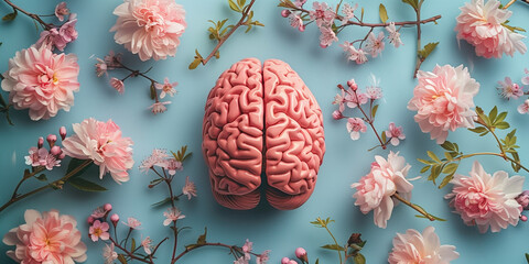Human brain with spring flowers, self care and mental health concept, positive thinking, creative mind
 - obrazy, fototapety, plakaty