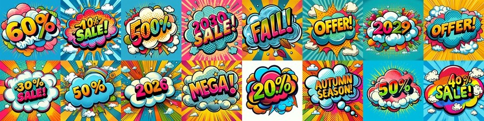 Fototapeta premium Sale stickers pop art style. AI generated illustration