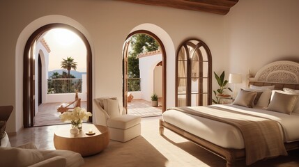 Mediterranean villa master bedroom with arched doors opening to a private terrace.