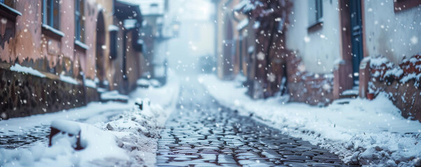The quaint atmosphere of a snow-covered alleyway in an old town, the cobblestones and buildings detailed against a softly blurred snowy scene, the alleyway and snow tinged with hues of 