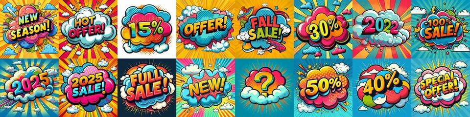 Fototapeta premium Sale stickers pop art style. AI generated illustration