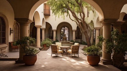 Fototapeta na wymiar Mediterranean-inspired indoor/outdoor luxury courtyard with Venetian plaster walls antique fountains stone arches and loggias all around.