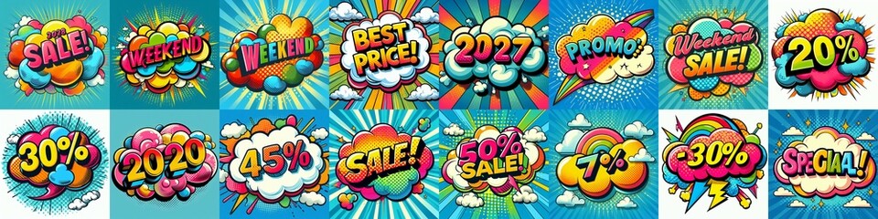 Sale stickers pop art style. AI generated illustration