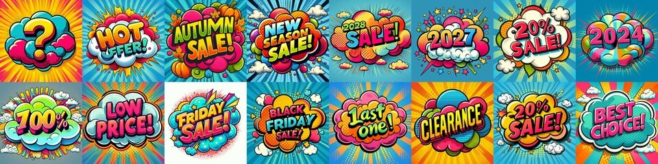 Obraz premium Sale stickers pop art style. AI generated illustration