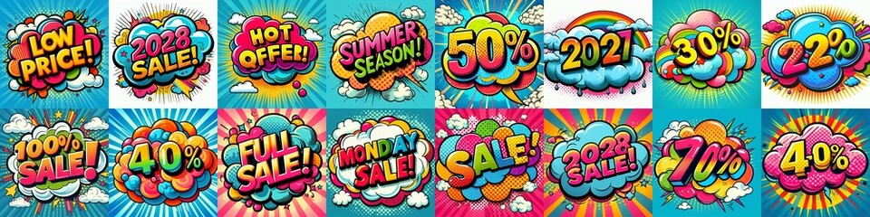Sale stickers pop art style. AI generated illustration