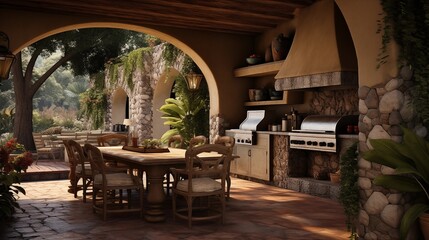 Mediterranean-style outdoor kitchen and dining loggia. - obrazy, fototapety, plakaty