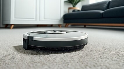 robot vacuum cleaner in a modern interior, cleaning with a modern robot vacuum cleaner, smart home, cleanliness concept, house cleaning