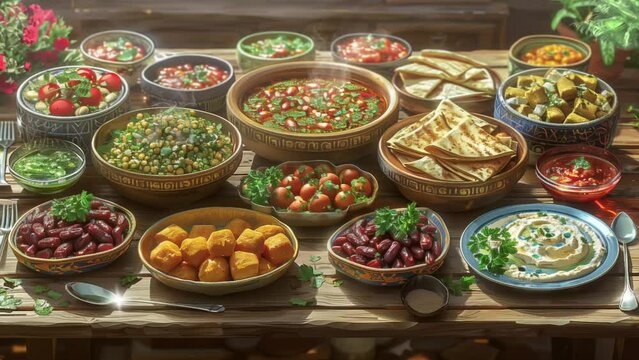 Muslim family dinner. Islamic food, table prepared in Ramadan food, anime or cartoon style,  video background