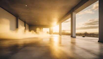 room with concrete floor and smoke