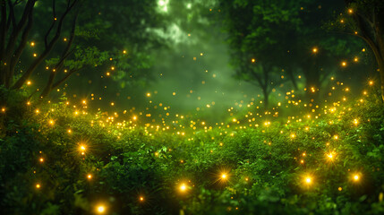 Green rainforest at dusk surrounded by thousands of blinking fireflies  - obrazy, fototapety, plakaty