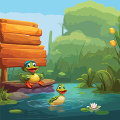 Vector natural scene with cartoon ducks 