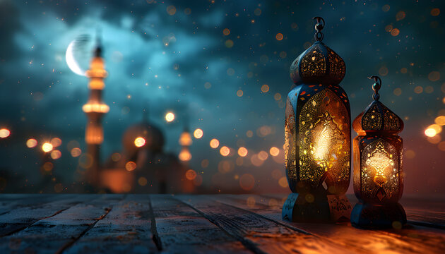 Realistic Ramadan background with mosque, moon, stars, lantern and bokeh, perfect for religious and cultural events and celebrations.
