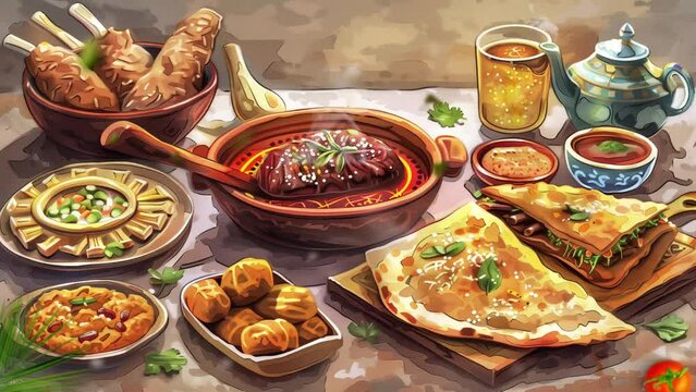 Muslim family dinner. Table prepared in Ramadan food, anime or cartoon video background Muslim family dinner. Islamic food, table prepared in Ramadan food, anime or cartoon style,  video background