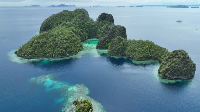 Rock islands, surrounded by coral reef, rise from Raja Ampat's tropical seascape. This region of Indonesia is known as the heart of the Coral Triangle due to the marine biodiversity found there.