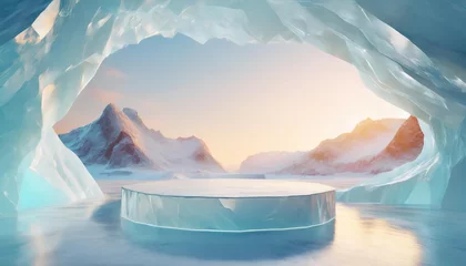 Fotobehang ice background podium cold winter snow product platform floor frozen mountain iceberg podium glacier cool ice background stage landscape display icy stand 3d water nature pedestal arctic concept cave © Susan