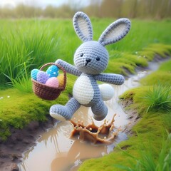ai generated Happy Easter 3d realistic bunny doll Crochet figure jumping over a muddy puddle carrying a basket filled with colorful Easter eggs against a beautiful meadow background