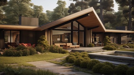Fototapeta premium Mid-century modern house with angled roofline natural materials and retro furnishings.