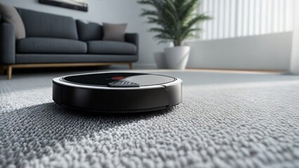 robot vacuum cleaner in a modern interior, cleaning with a modern robot vacuum cleaner, smart home, cleanliness concept, house cleaning